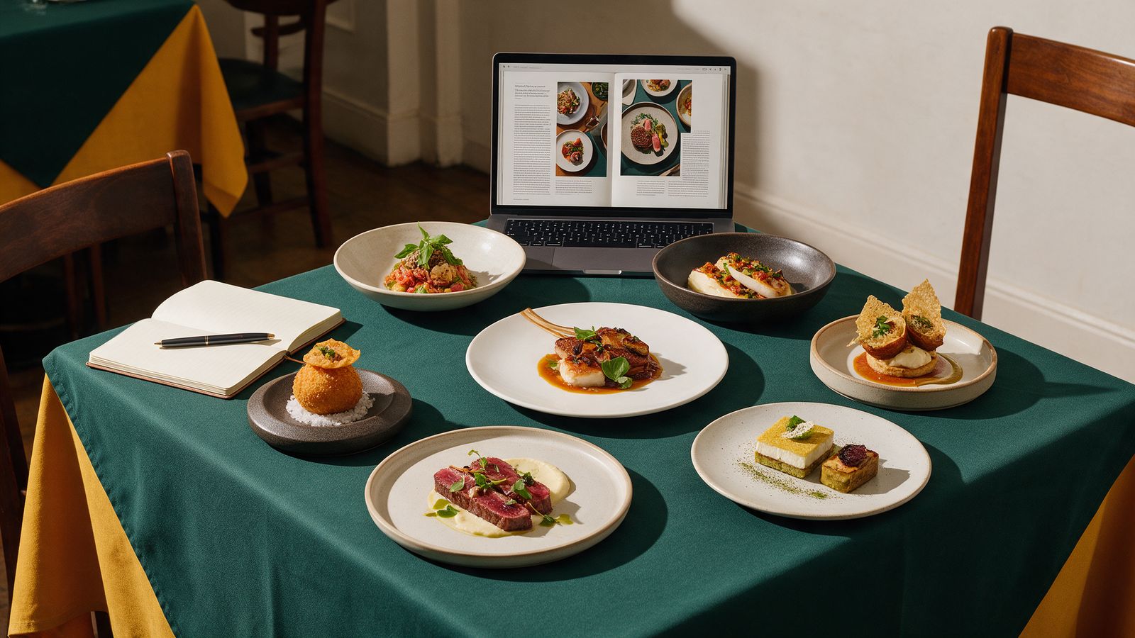 A dining table with plated dishes and a laptop showing a food article